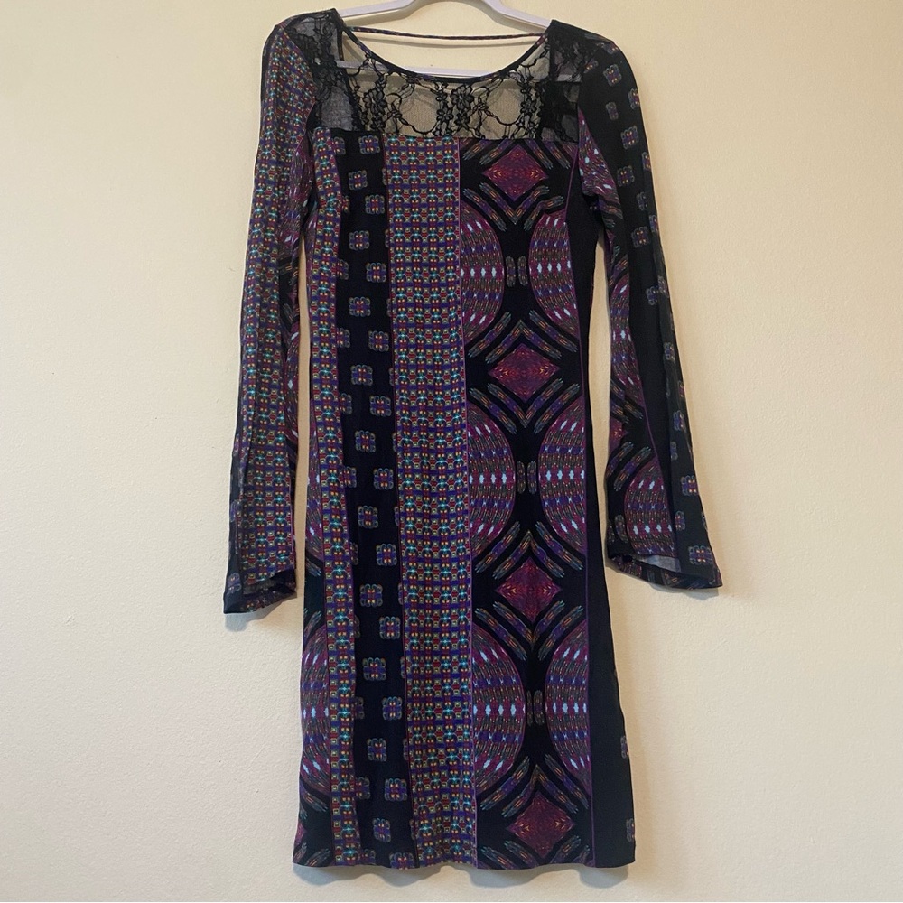 Jessica Simpson Black and Purple Patterned Lace Yoke Long Sleeve Dress